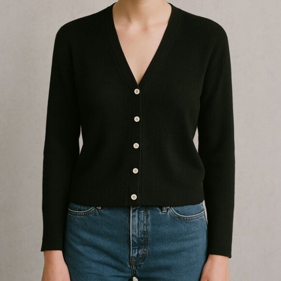 Hillard & Hanson Black Button Down Cardigan Sweater Medium Made in Hong Kong - Picture 1 of 7